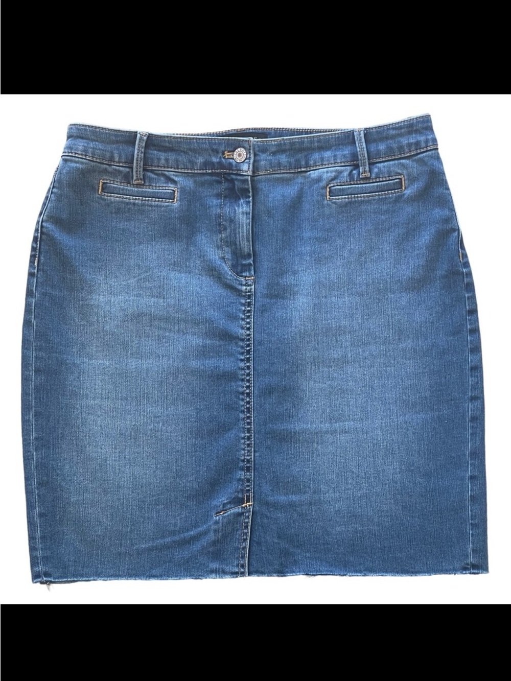 Talbots Petites Denim Skirt Sz 10 P Blue Jean Distressed Frayed Hem Stretch
